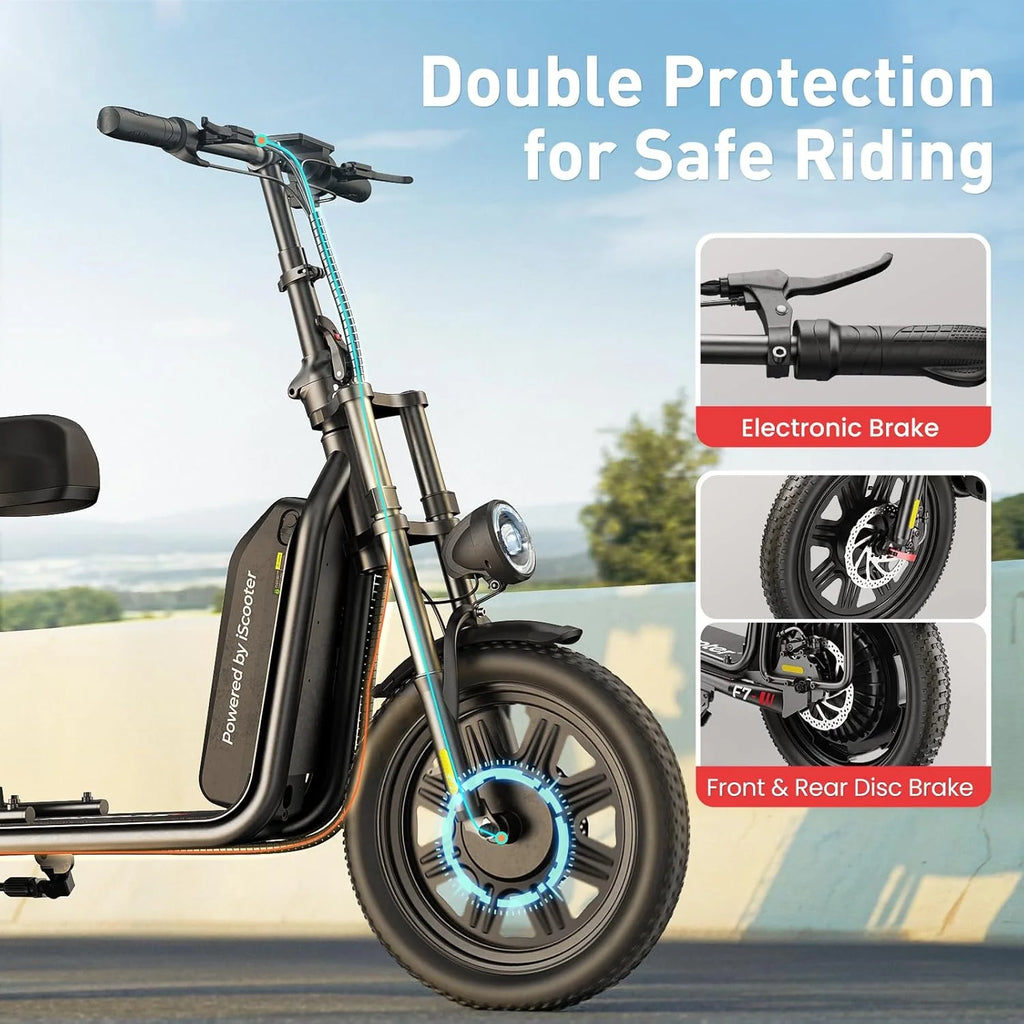 iScooter electric scooter with seat, 37/21 mile range, 28/19/15.6 mph top speed, dual suspension scooter with basket