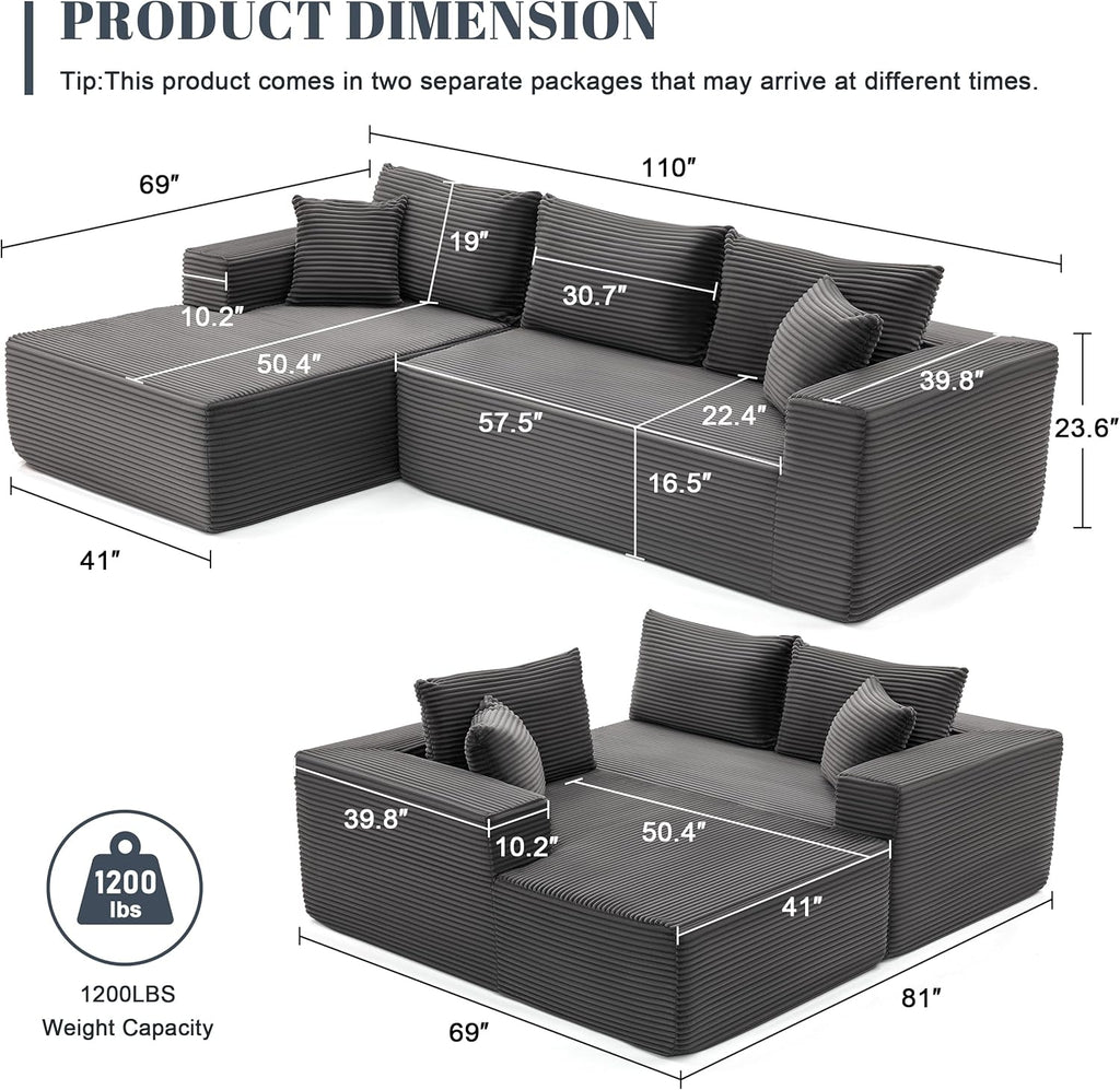 110 Cloud Sectional Couch, Boneless Sofa for Living Room Modular Sectional Sofa with Deep Seat