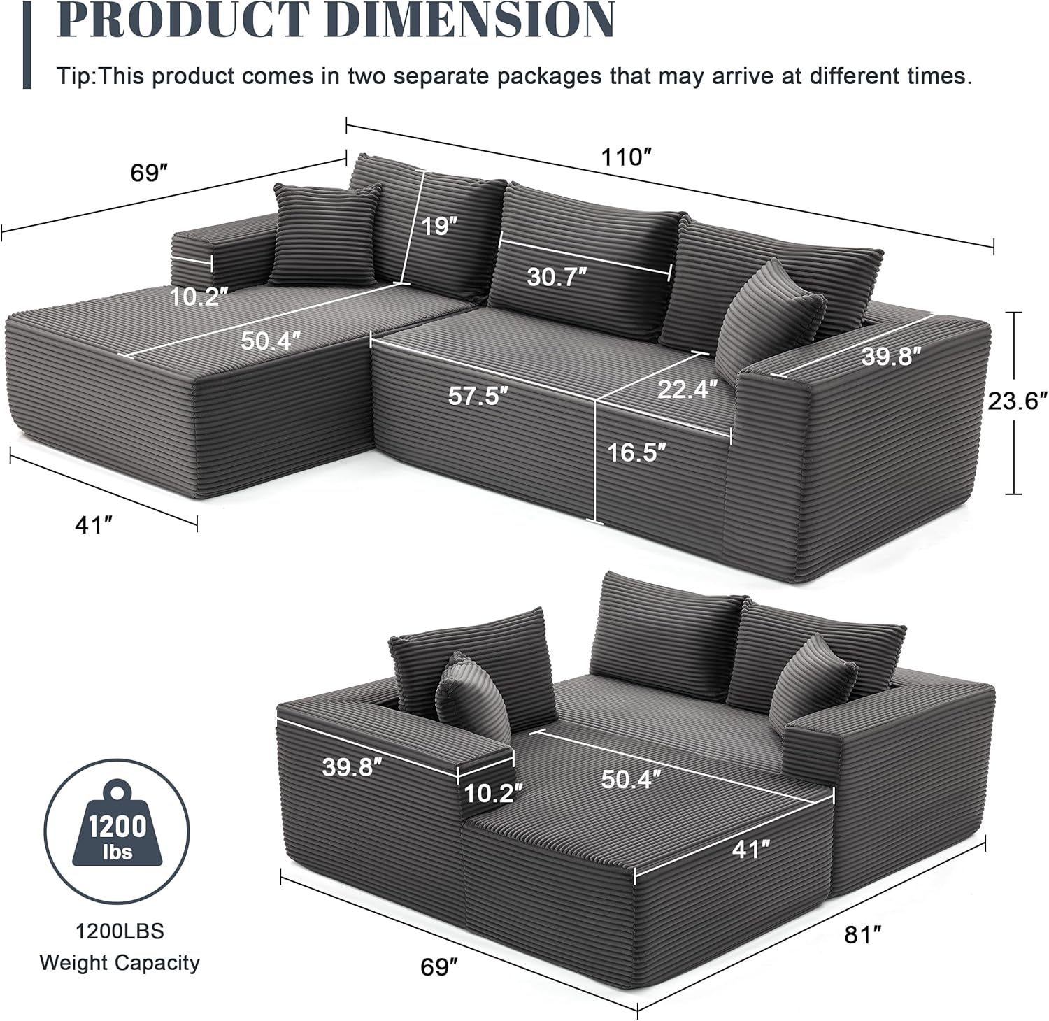 110 Cloud Sectional Couch, Boneless Sofa for Living Room Modular Sectional Sofa with Deep Seat