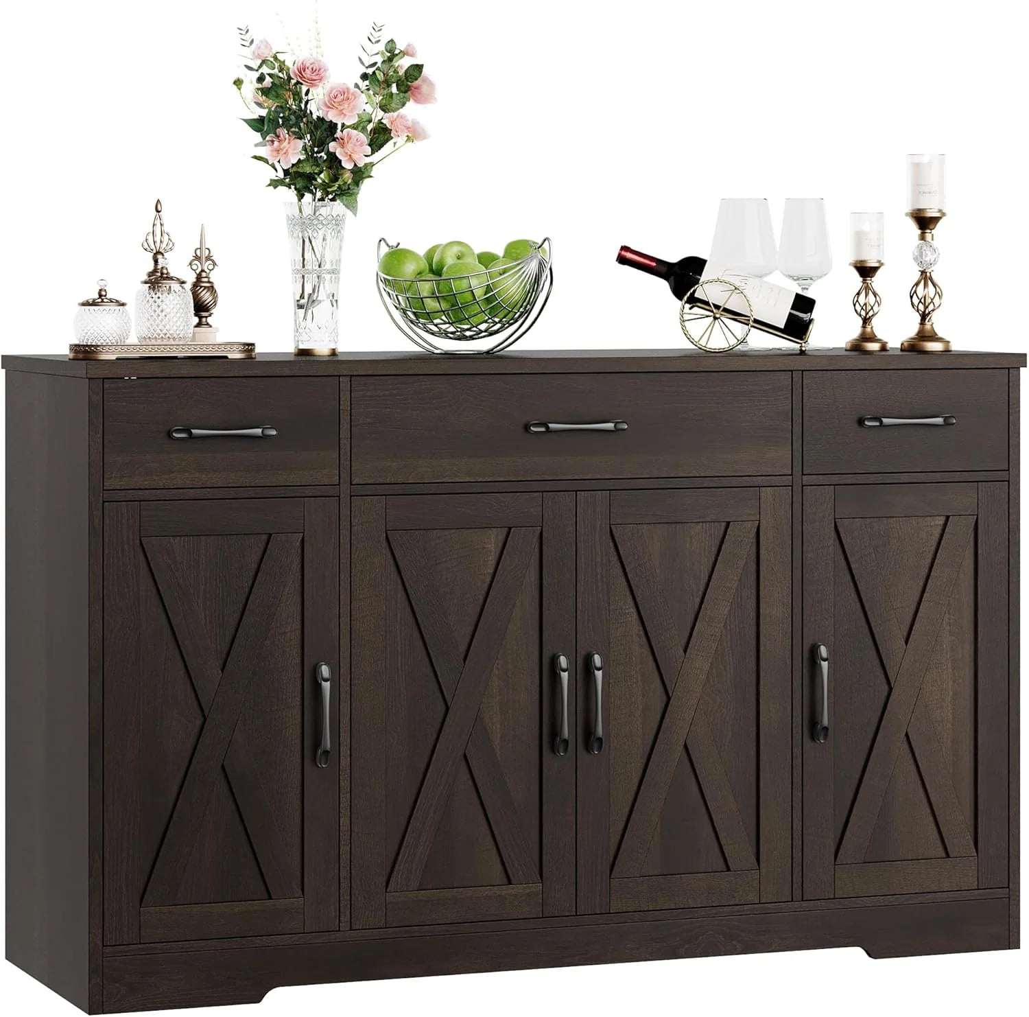 HOSTACK Buffet Cabinet with Drawers, 55" Large Sideboard Buffet Storage Cabinet with Shelves and Doors, Modern Farmhouse Coffee Bar Station Wood Kitchen Table for Kitchen, Dining Room, White/Rustic