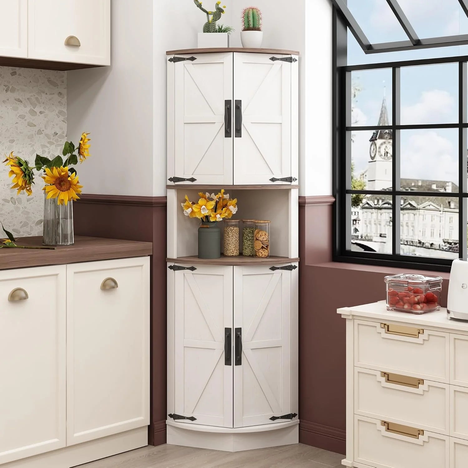 Vabches 64.8" Tall Farmhouse Corner Cabinet Farmhouse Storage Cabinet with Barn Door Design