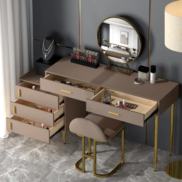 Modern Blue Makeup Vanity Set Retracted Dressing Table Cabinet&amp;Stool&amp;Mirror Included