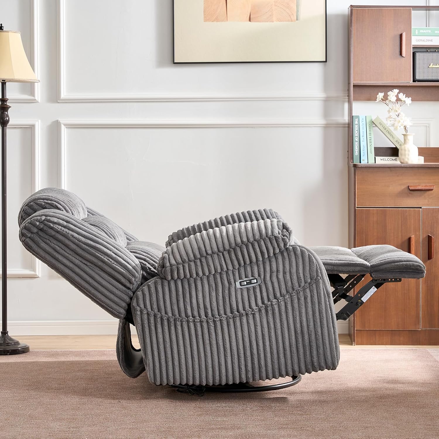 Electric rotary rocker lounge chair for adults with massage and calories, USB and C charging ports