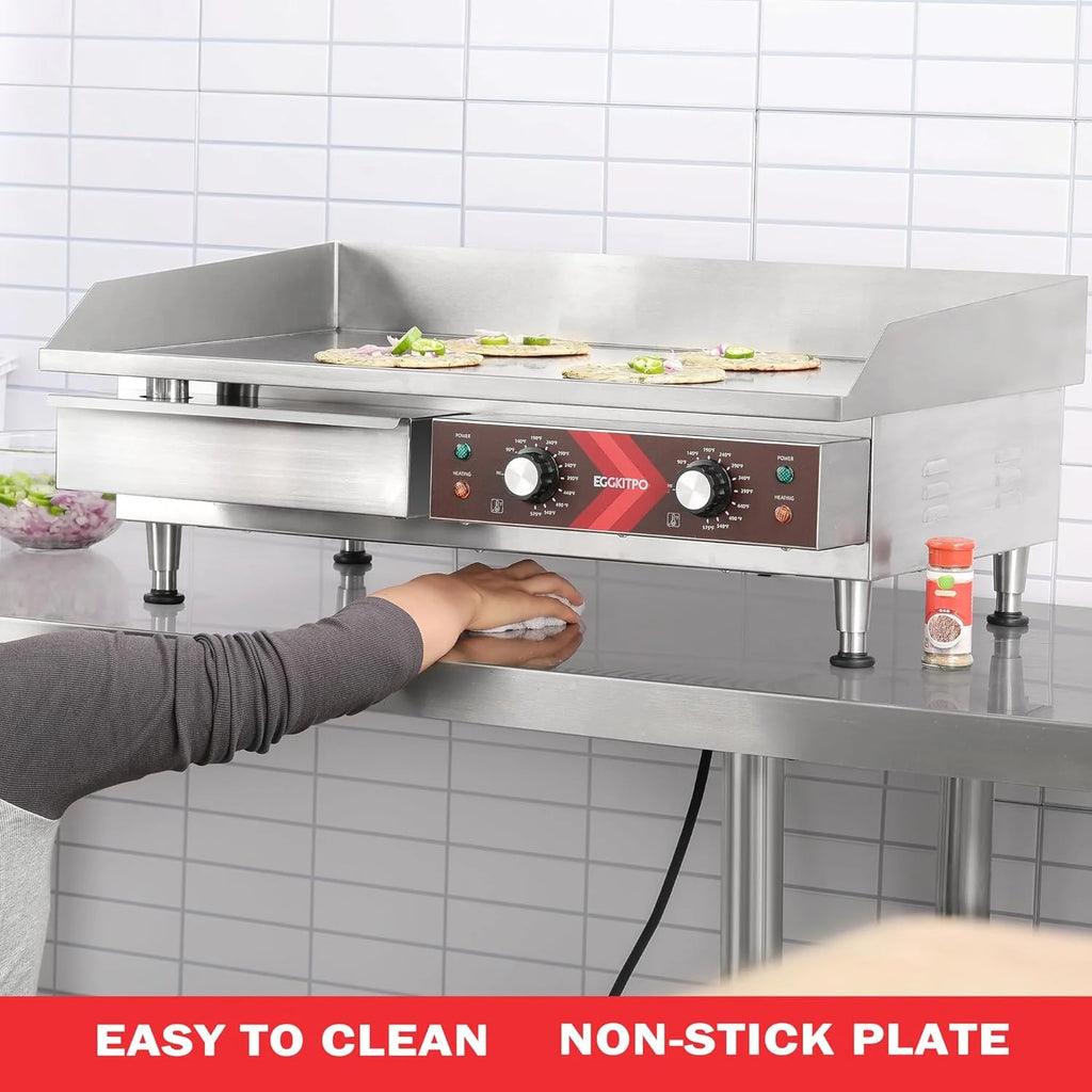 14 Inch Electric Griddle, Non-Stick Flat Top Grill Commercial Electric Countertop Griddles Stainless Steel Adjustable Temperature Control 90??F-575??F for Home or Restaurant Use