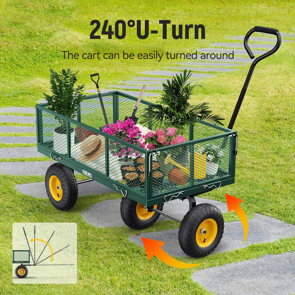 Steel Garden Cart, 2-in-1 1400 lbs Heavy Duty Utility Wagon, with Removable Mesh Sides to Convert into Flatbed, 240�� U-Turn 13" Pneumatic Tires Garden Wagon for Farm Yard Lawn Garden Camping