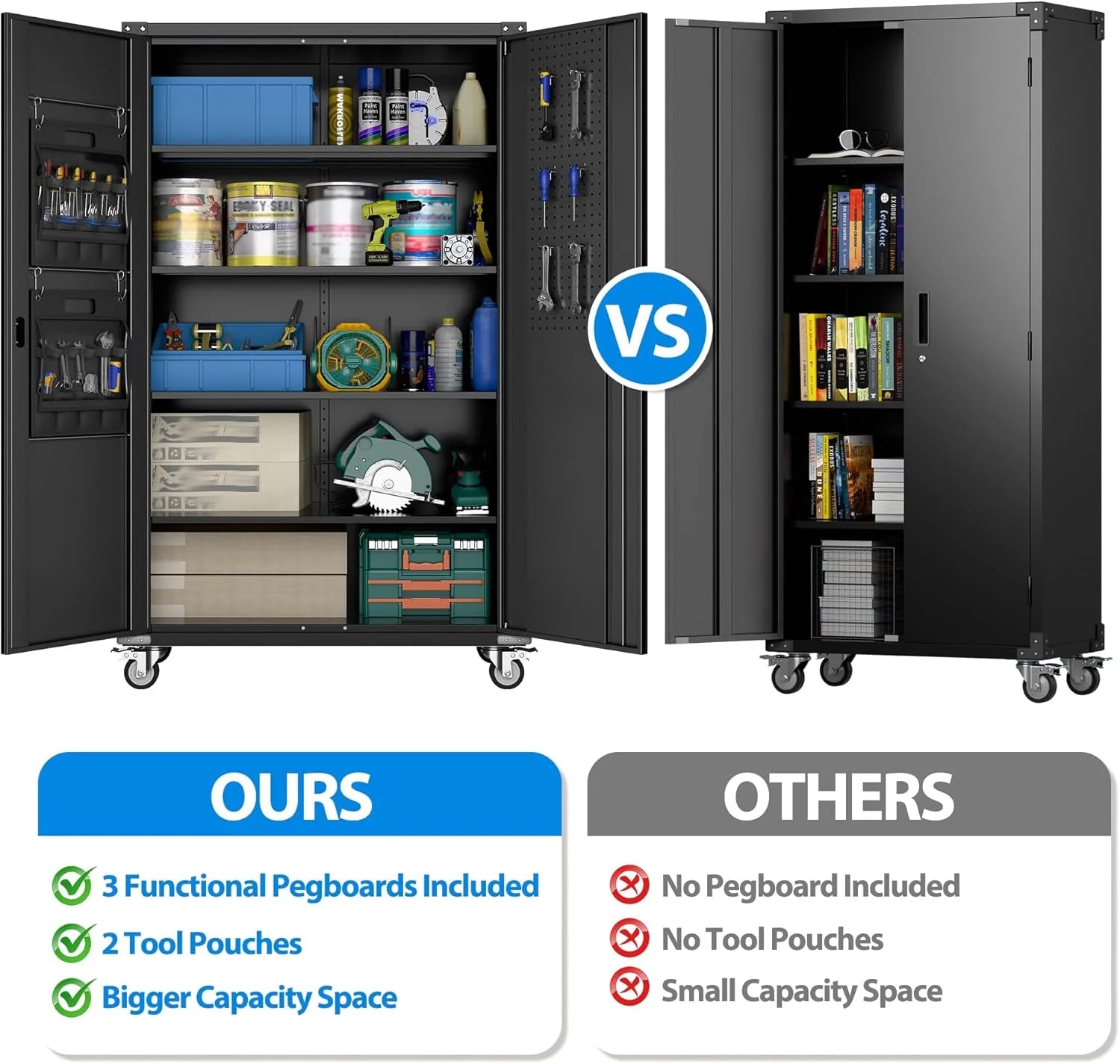 Aobabo 73''H Metal Garage Storage Cabinet with Wheels,Steel Cabinets with 2 Doors and 4 Adjustable Shelves for Home Office,Required Assembly,Black