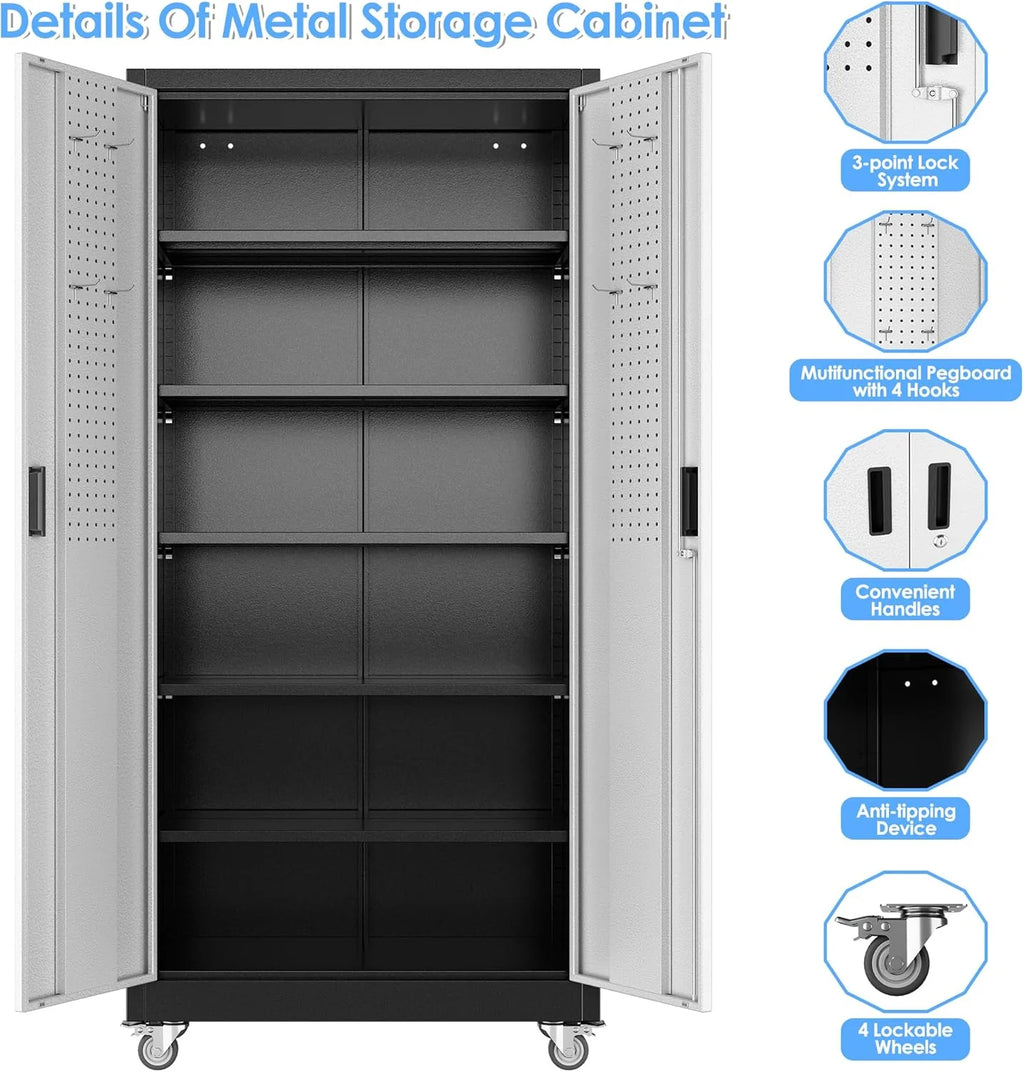 Aobabo 73''H Metal Garage Storage Cabinet with Wheels,Steel Cabinets with 2 Doors and 4 Adjustable Shelves for Home Office,Required Assembly,Black