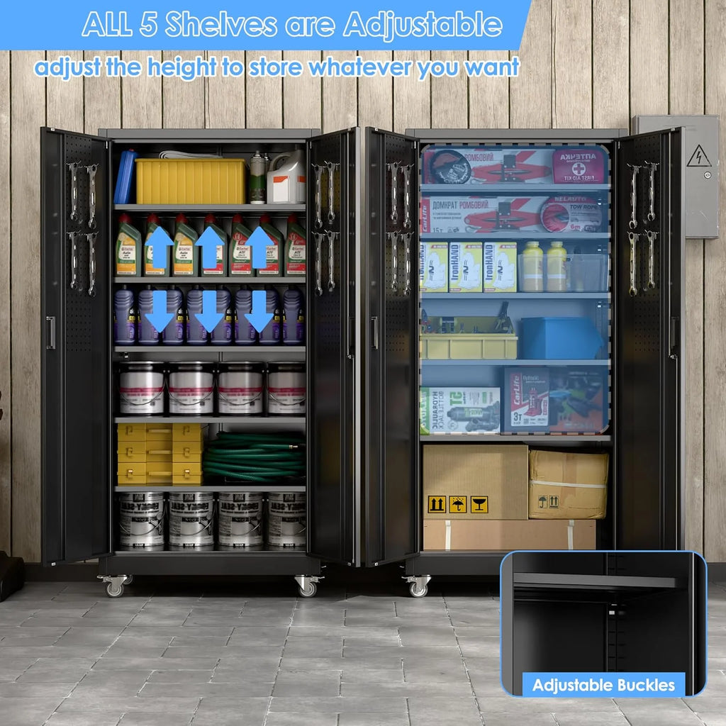Aobabo 73''H Metal Garage Storage Cabinet with Wheels,Steel Cabinets with 2 Doors and 4 Adjustable Shelves for Home Office,Required Assembly,Black