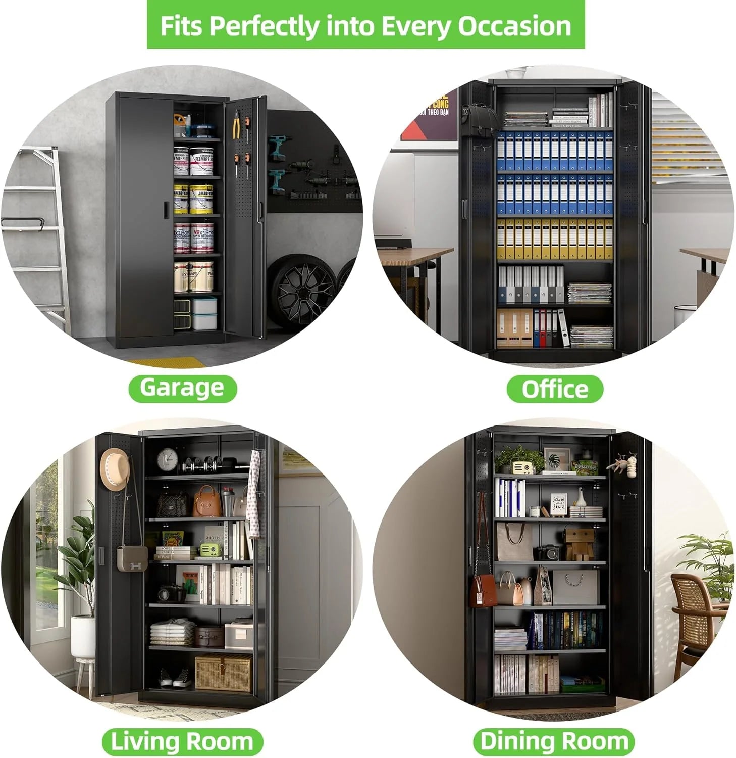 Aobabo 73''H Metal Garage Storage Cabinet with Wheels,Steel Cabinets with 2 Doors and 4 Adjustable Shelves for Home Office,Required Assembly,Black
