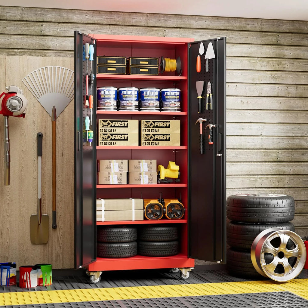 Aobabo 73''H Metal Garage Storage Cabinet with Wheels,Steel Cabinets with 2 Doors and 4 Adjustable Shelves for Home Office,Required Assembly,Black