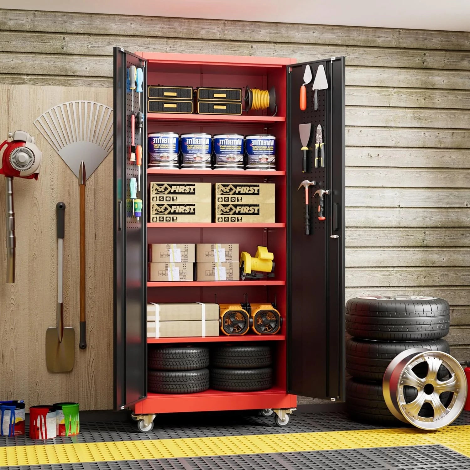 Aobabo 73''H Metal Garage Storage Cabinet with Wheels,Steel Cabinets with 2 Doors and 4 Adjustable Shelves for Home Office,Required Assembly,Black