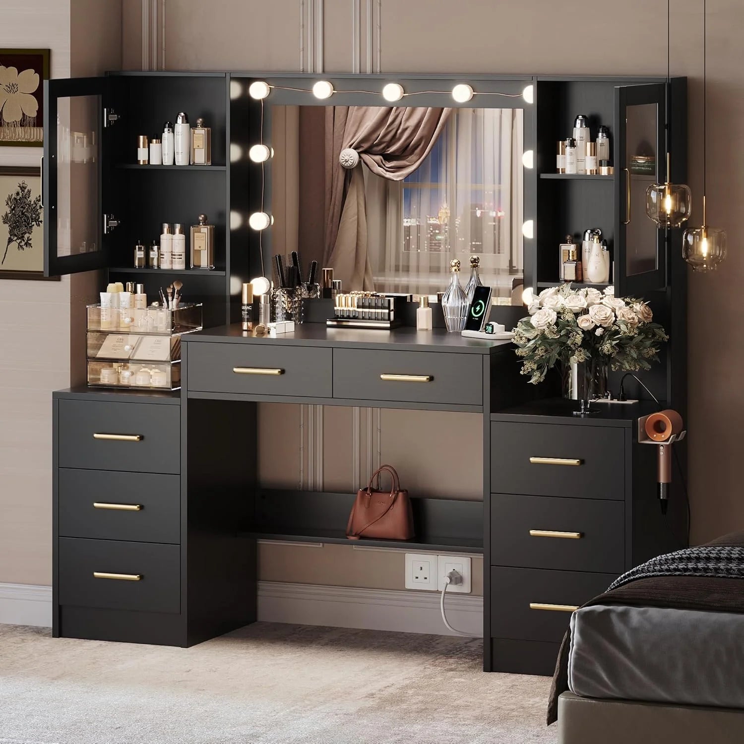 Black Vanity Desk with Mirror, Lights & Charging Station, 58.3" 3 Lighting Modes