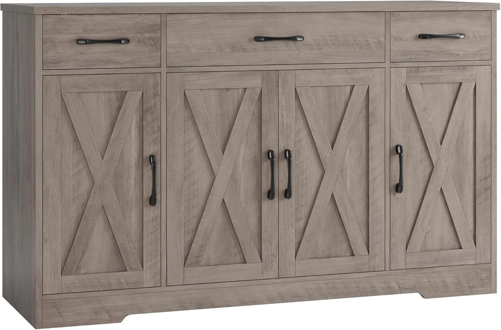 HOSTACK Buffet Cabinet with Drawers, 55" Large Sideboard Buffet Storage Cabinet with Shelves and Doors, Modern Farmhouse Coffee Bar Station Wood Kitchen Table for Kitchen, Dining Room, White/Rustic