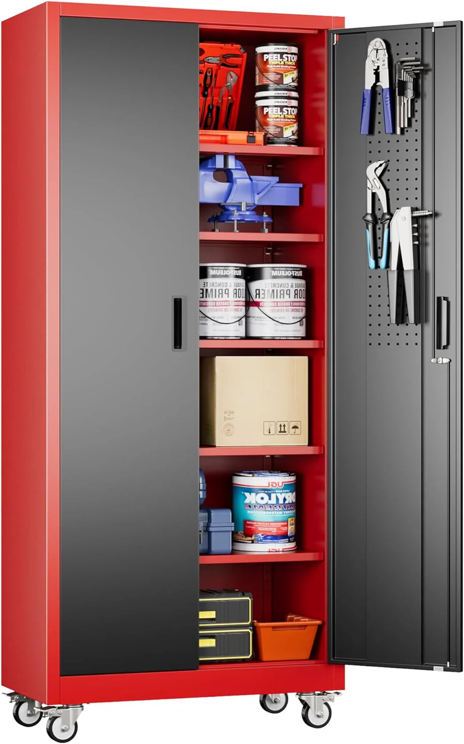 Aobabo 73''H Metal Garage Storage Cabinet with Wheels,Steel Cabinets with 2 Doors and 4 Adjustable Shelves for Home Office,Required Assembly,Black