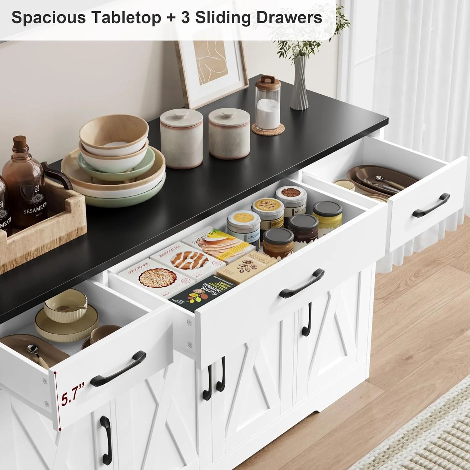 HOSTACK Buffet Cabinet with Drawers, 55" Large Sideboard Buffet Storage Cabinet with Shelves and Doors, Modern Farmhouse Coffee Bar Station Wood Kitchen Table for Kitchen, Dining Room, White/Rustic