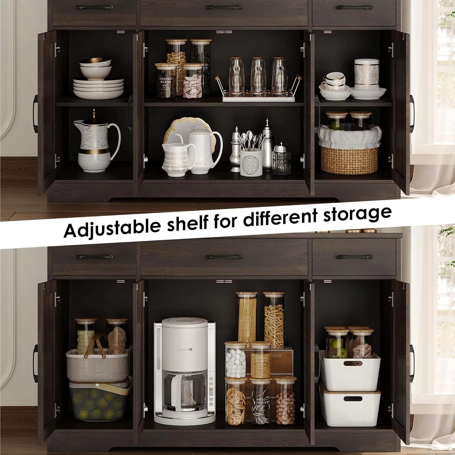 HOSTACK Buffet Cabinet with Drawers, 55" Large Sideboard Buffet Storage Cabinet with Shelves and Doors, Modern Farmhouse Coffee Bar Station Wood Kitchen Table for Kitchen, Dining Room, White/Rustic