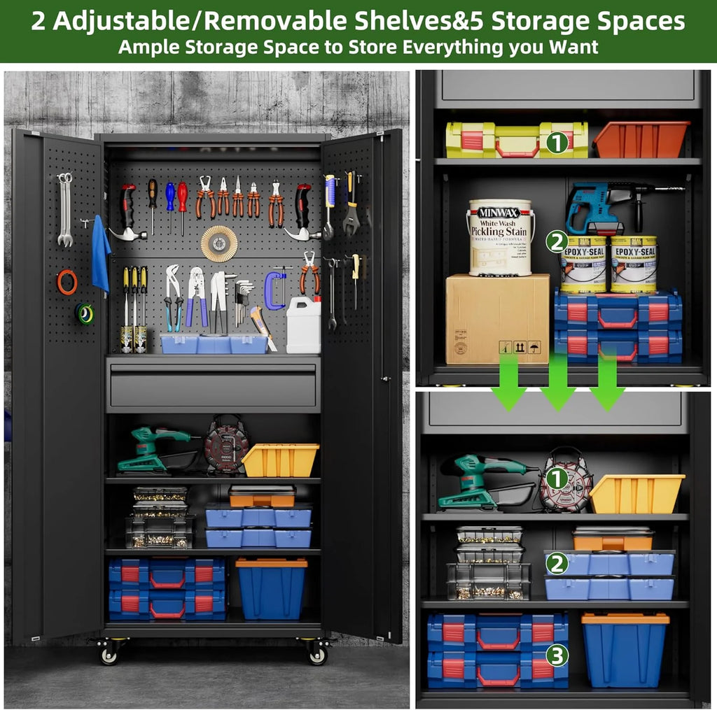 Aobabo 73''H Metal Garage Storage Cabinet with Wheels,Steel Cabinets with 2 Doors and 4 Adjustable Shelves for Home Office,Required Assembly,Black