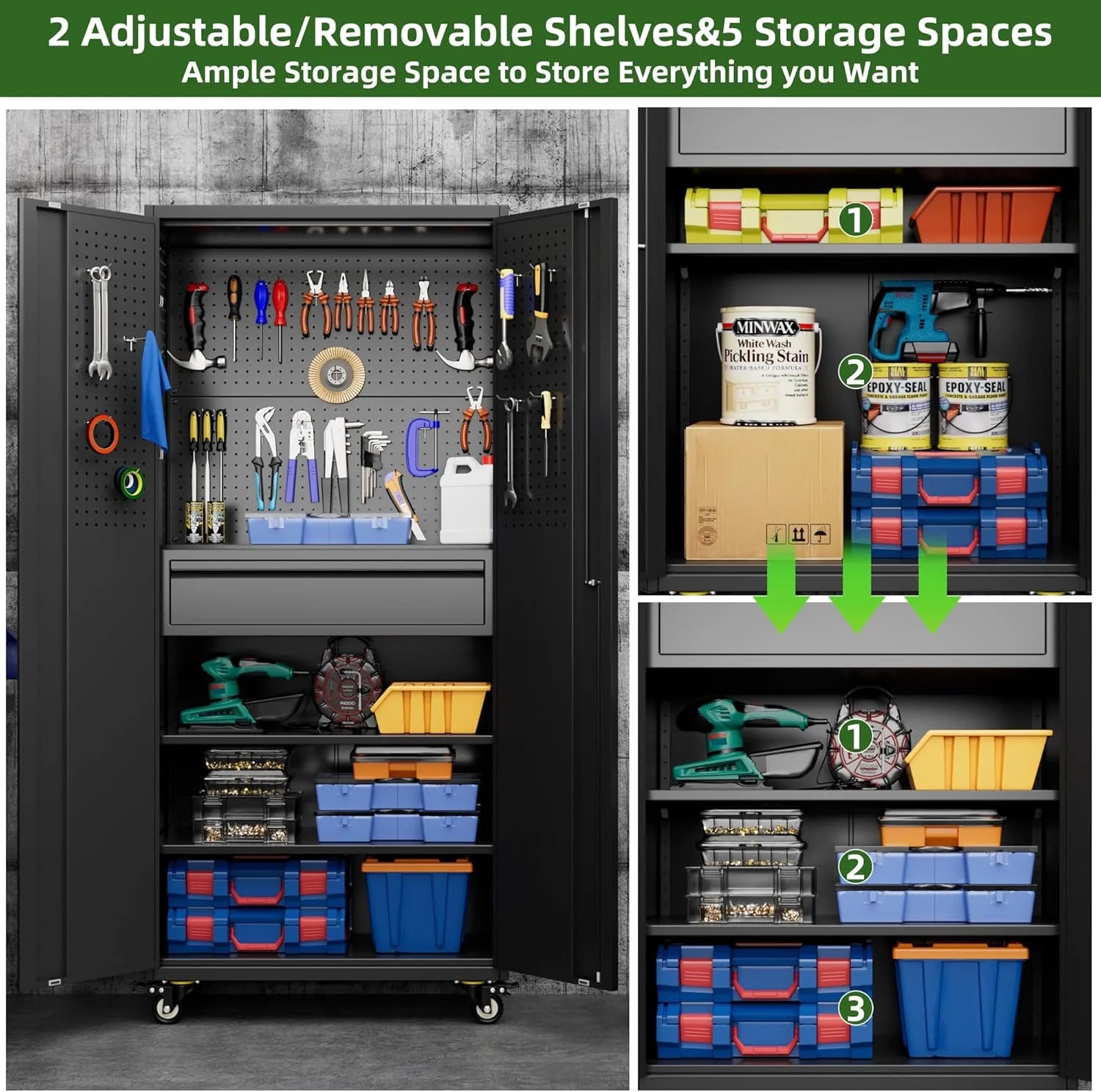 Aobabo 73''H Metal Garage Storage Cabinet with Wheels,Steel Cabinets with 2 Doors and 4 Adjustable Shelves for Home Office,Required Assembly,Black