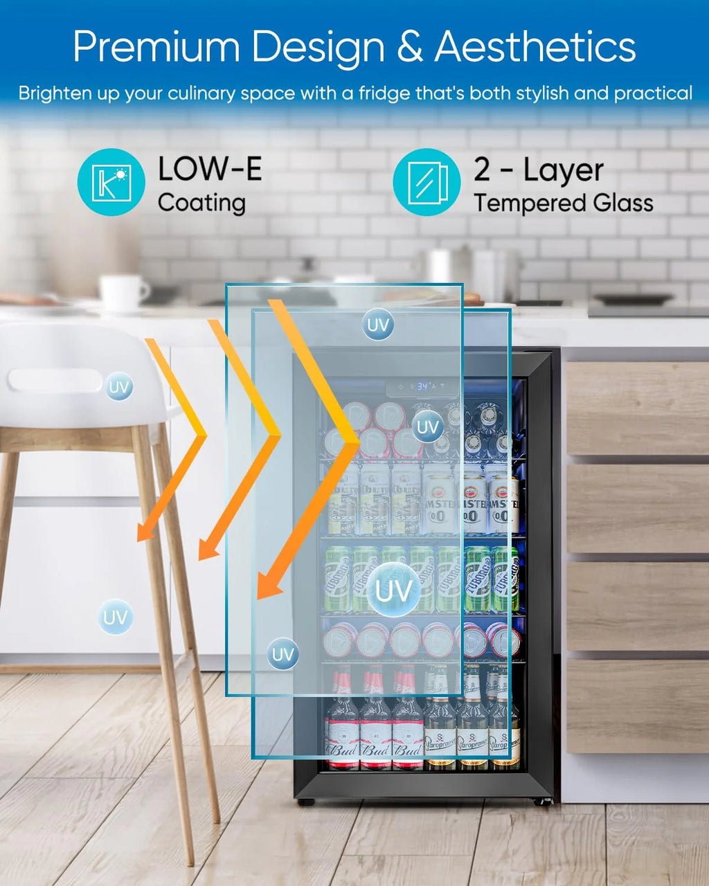 Beverage Refrigerator Cooler - 126 Can Mini Fridge Glass Door for Drinks Soda Beer Wine - Small Refrigerator for Office Bedroom Home Bar, 4 Adjustable Shelves, 3.2 Cu.Ft, Silver