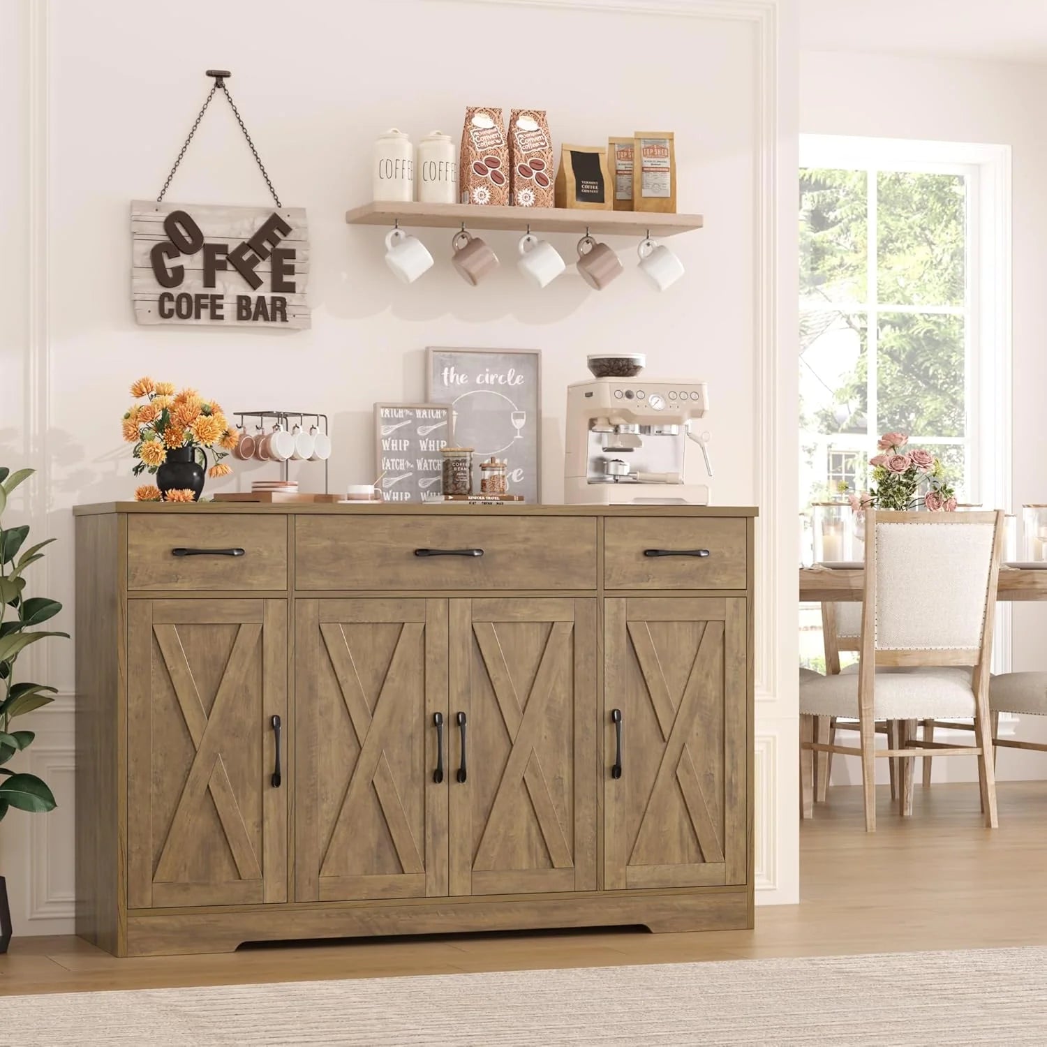 HOSTACK Buffet Cabinet with Drawers, 55" Large Sideboard Buffet Storage Cabinet with Shelves and Doors, Modern Farmhouse Coffee Bar Station Wood Kitchen Table for Kitchen, Dining Room, White/Rustic