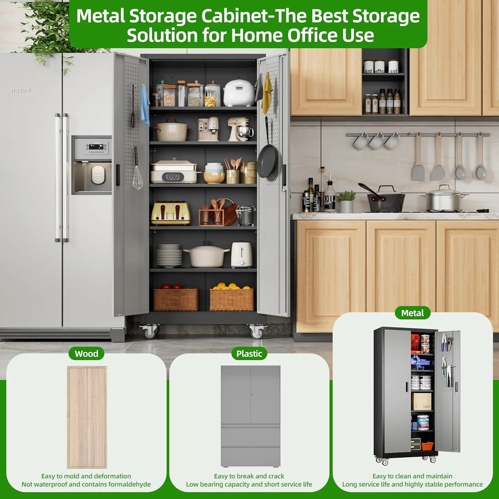 Aobabo 73''H Metal Garage Storage Cabinet with Wheels,Steel Cabinets with 2 Doors and 4 Adjustable Shelves for Home Office,Required Assembly,Black