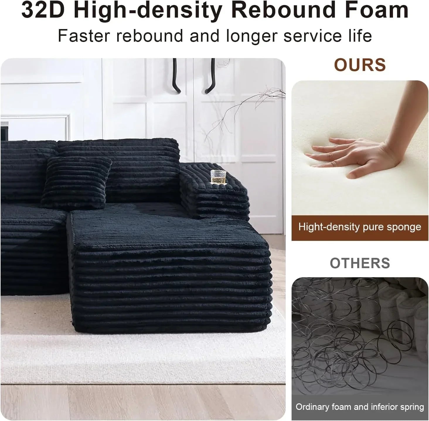 Cloud Sectional Couch with L Shape Chaise Modern Modular Sofa with Deep Seat Built in Cup Holder