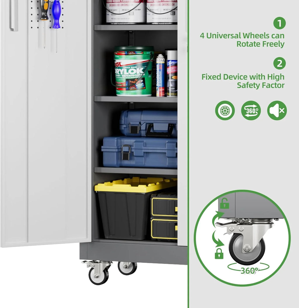 Aobabo 73''H Metal Garage Storage Cabinet with Wheels,Steel Cabinets with 2 Doors and 4 Adjustable Shelves for Home Office,Required Assembly,Black