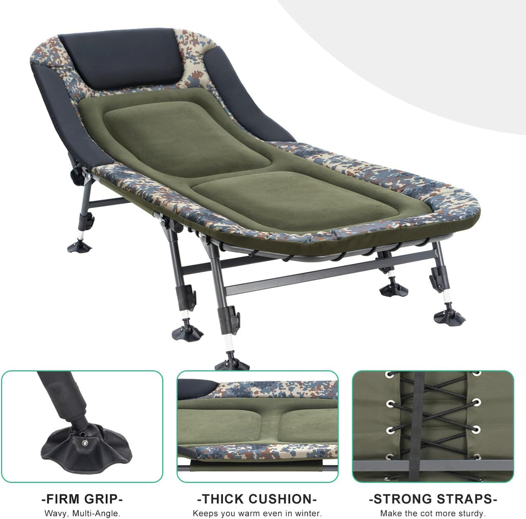 Camping Cots for Adults 330Lbs with Carry Bag, Heavy Duty Folding Bed with Soft Padded Cushion, Portable Military Cot for Hunting, 180�� Adjustable Reclining Outdoor Lounger