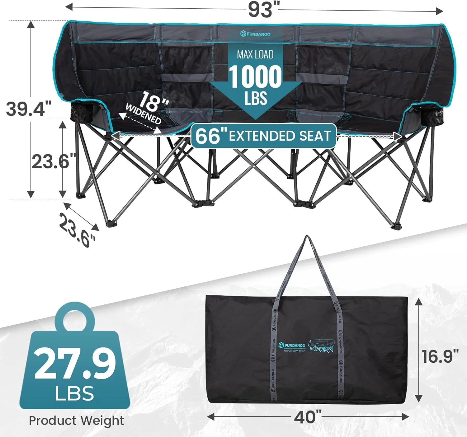 Double Camping Chair with Cooler 3-Person Folding Extra Large Camping Chair with 1000-Pound Load Capacity