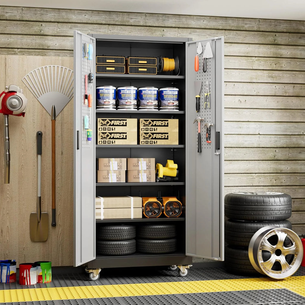 Aobabo 73''H Metal Garage Storage Cabinet with Wheels,Steel Cabinets with 2 Doors and 4 Adjustable Shelves for Home Office,Required Assembly,Black