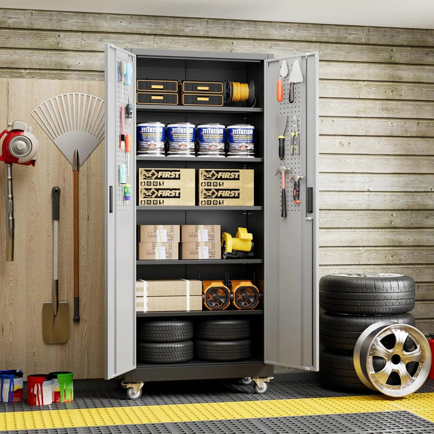 Aobabo 73''H Metal Garage Storage Cabinet with Wheels,Steel Cabinets with 2 Doors and 4 Adjustable Shelves for Home Office,Required Assembly,Black