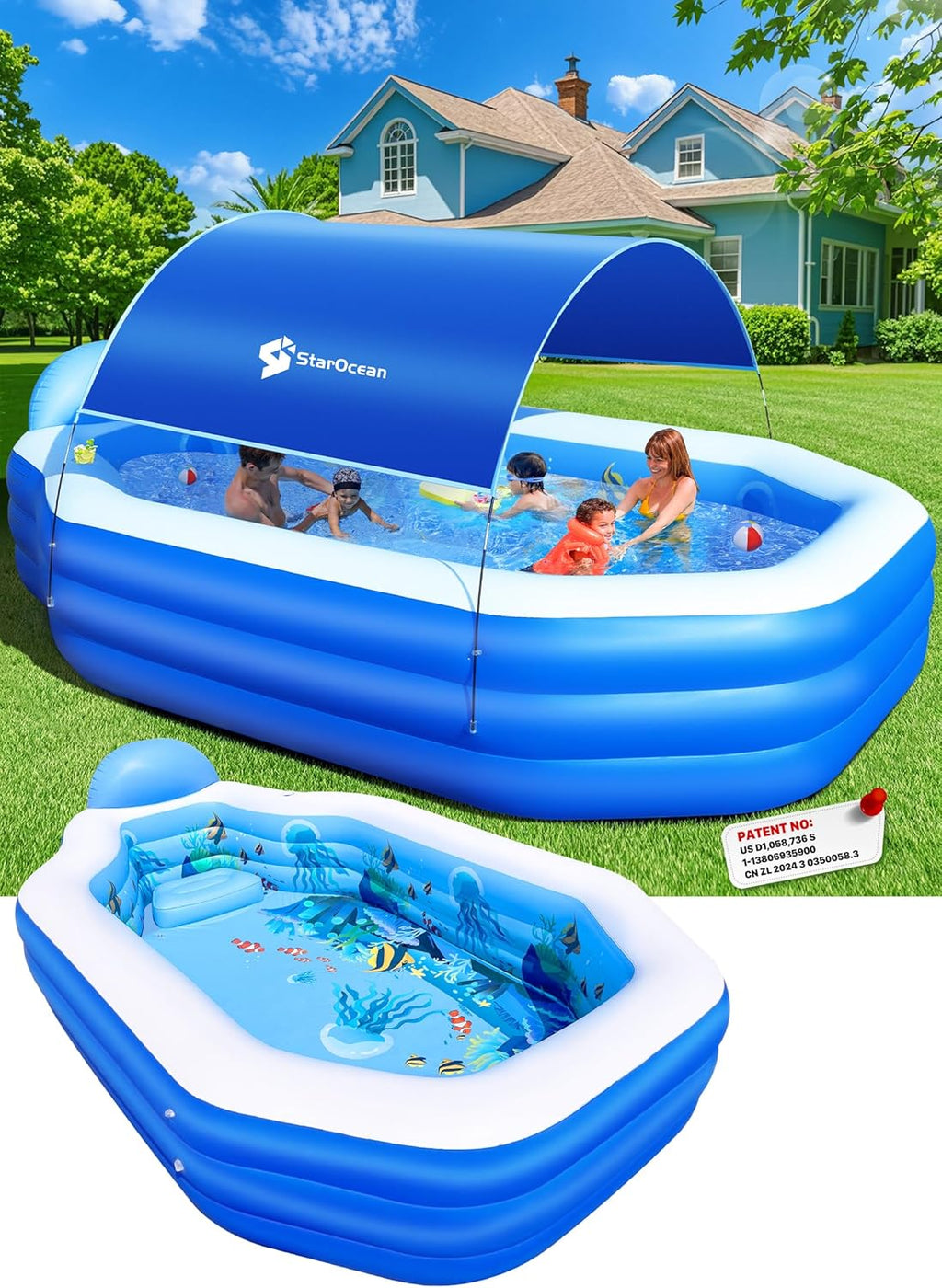 Inflatable Pool with Canopy, Large Inflatable Swimming Pool for Kids,Adult, Blow Up Pools with Seats,Backrest.Durable Thickened Inflatable Family Pools for Backyard,118"x75"x22"-Dark Blue