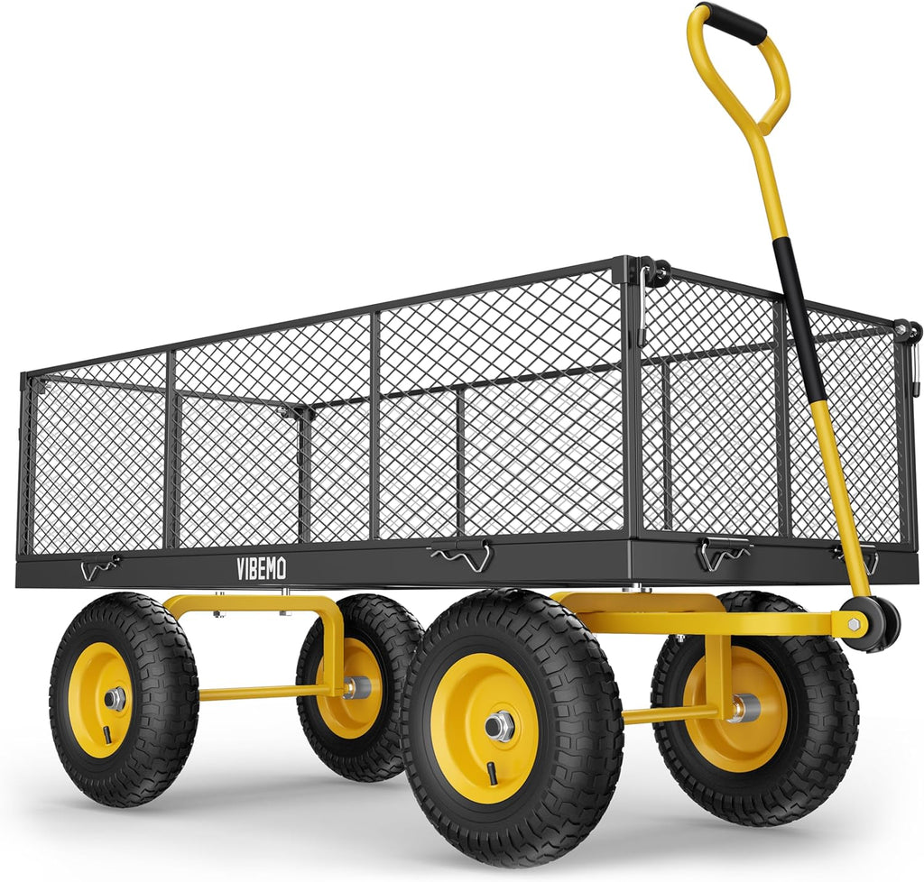 Steel Garden Cart, 2-in-1 1400 lbs Heavy Duty Utility Wagon, with Removable Mesh Sides to Convert into Flatbed, 240�� U-Turn 13" Pneumatic Tires Garden Wagon for Farm Yard Lawn Garden Camping