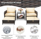 LEVELEVE Balcony Furniture 5 Piece Patio Conversation Set, PE Wicker Rattan Outdoor Lounge Chairs with Soft Cushions 2 Ottoman&Glass Table for Porch, Lawn-Brown Wicker