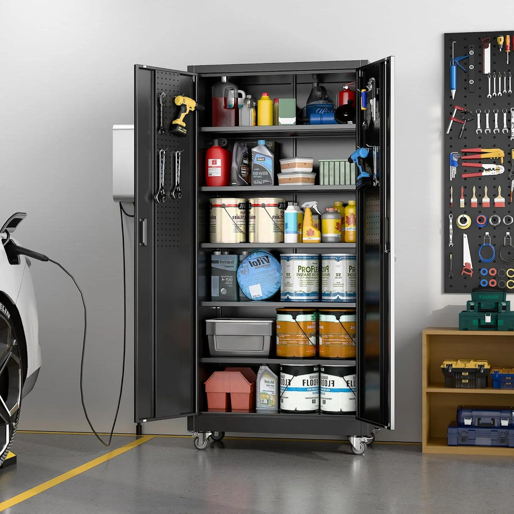 Aobabo 73''H Metal Garage Storage Cabinet with Wheels,Steel Cabinets with 2 Doors and 4 Adjustable Shelves for Home Office,Required Assembly,Black