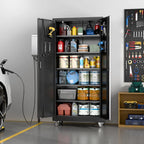 Aobabo 73''H Metal Garage Storage Cabinet with Wheels,Steel Cabinets with 2 Doors and 4 Adjustable Shelves for Home Office,Required Assembly,Black