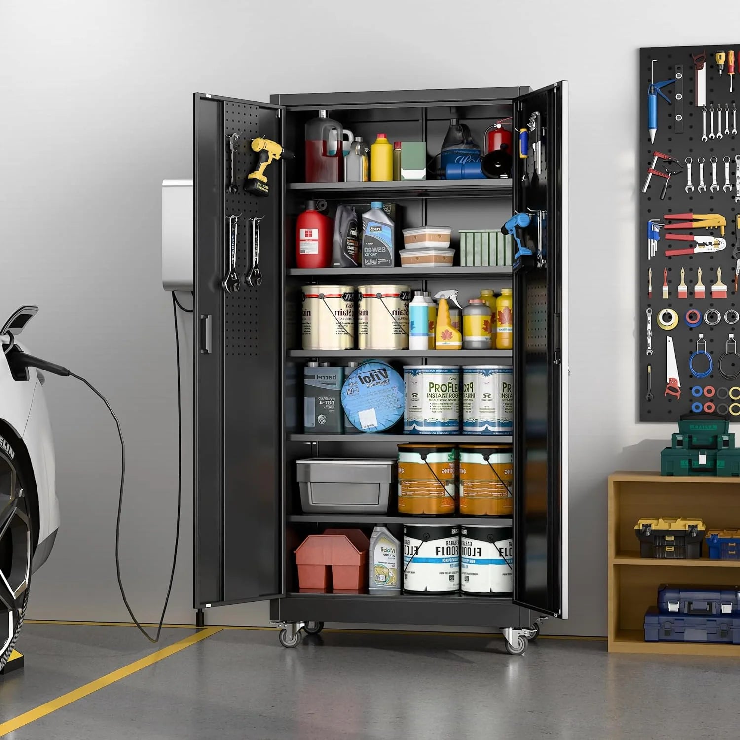 Aobabo 73''H Metal Garage Storage Cabinet with Wheels,Steel Cabinets with 2 Doors and 4 Adjustable Shelves for Home Office,Required Assembly,Black