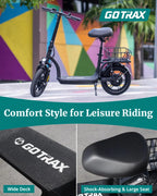 Gotrax adult electric scooter with seat, maximum range of 19-25 miles, all-terrain tires, wide pedals, padded seat, and carrycot