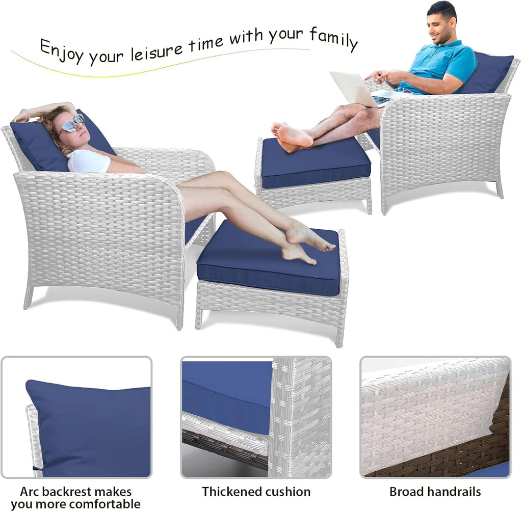 LEVELEVE Balcony Furniture 5 Piece Patio Conversation Set, PE Wicker Rattan Outdoor Lounge Chairs with Soft Cushions 2 Ottoman&Glass Table for Porch, Lawn-Brown Wicker