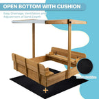 Kids Sandbox with Lid Wooden Sand Box Cover Outdoor UV-Protection Natural Wood Foldable Bench Seat