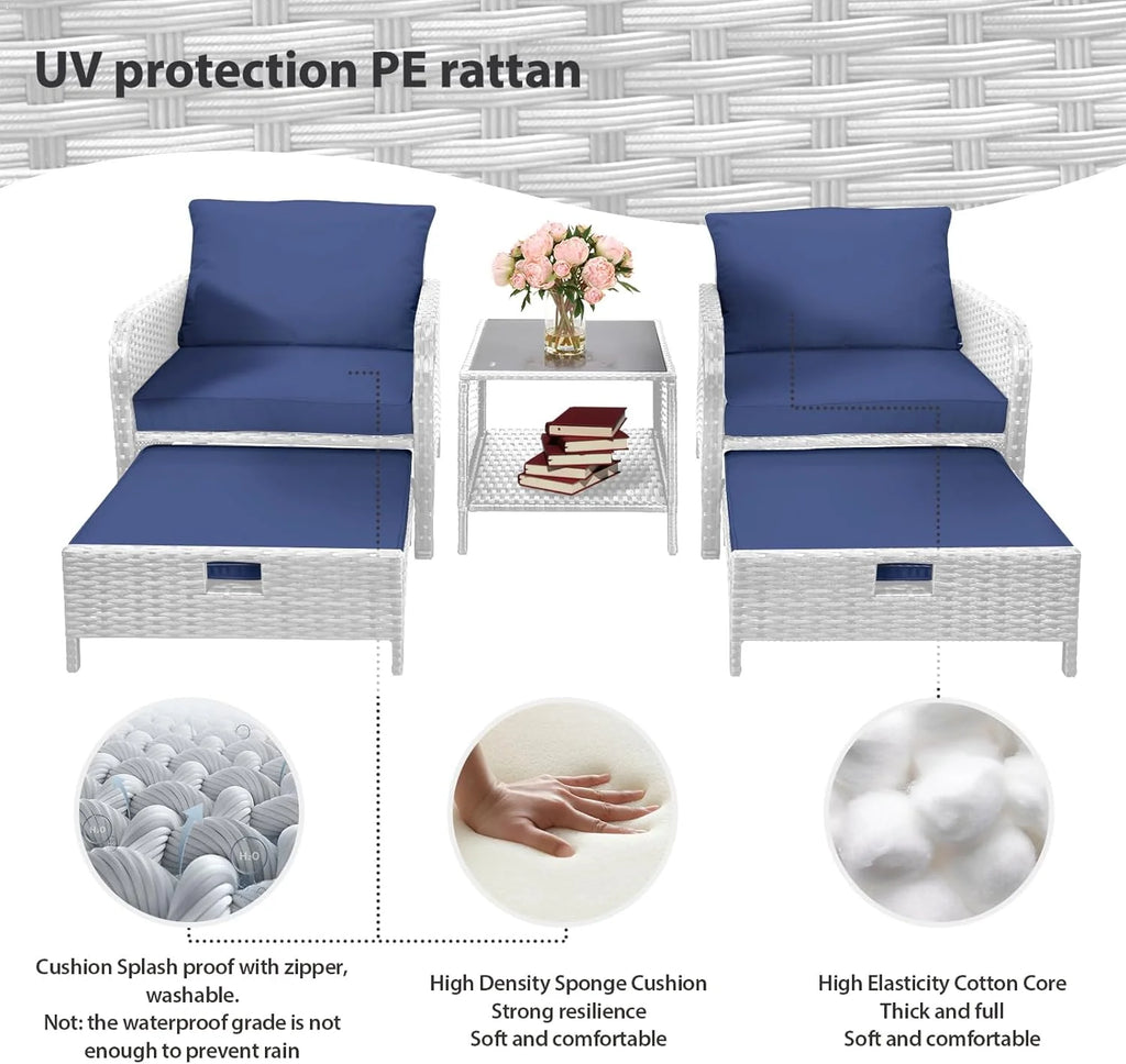 LEVELEVE Balcony Furniture 5 Piece Patio Conversation Set, PE Wicker Rattan Outdoor Lounge Chairs with Soft Cushions 2 Ottoman&Glass Table for Porch, Lawn-Brown Wicker