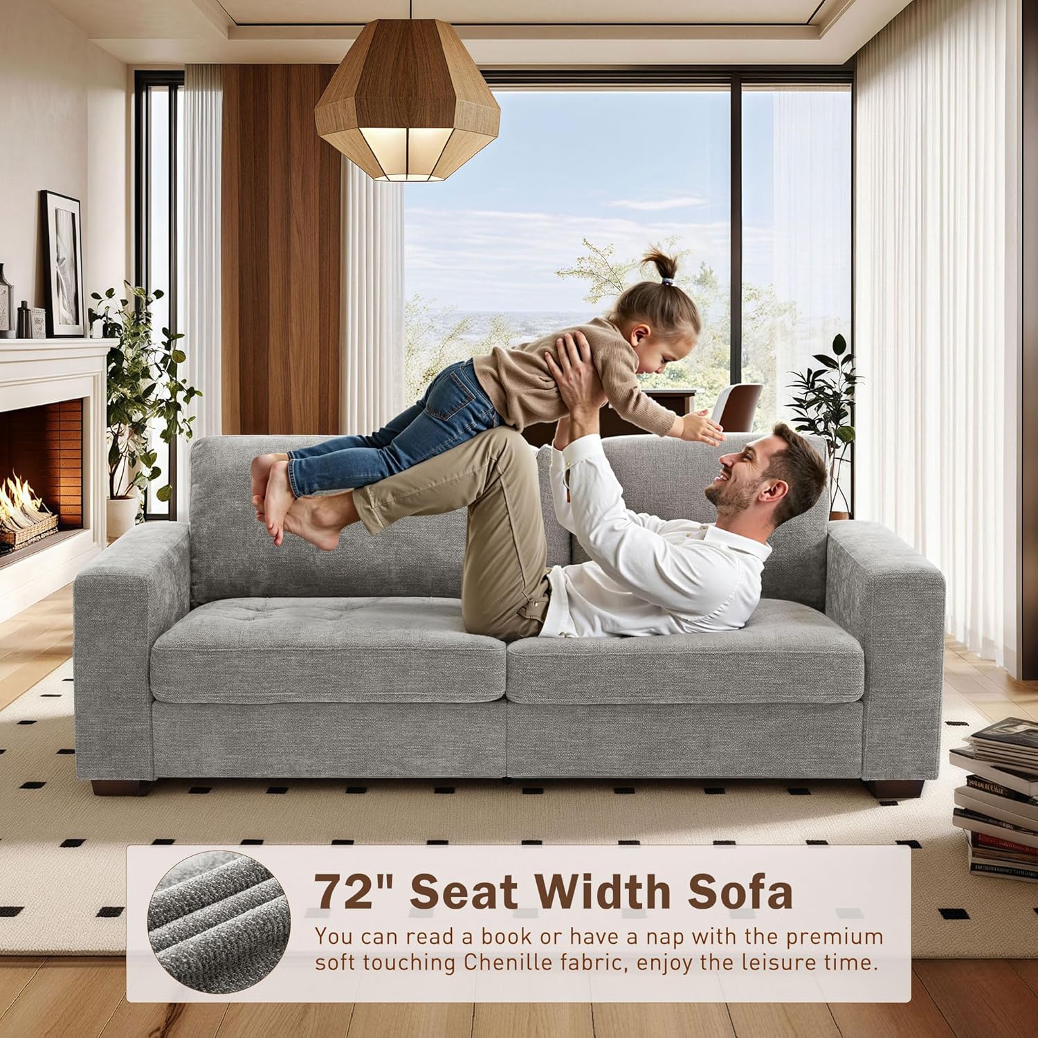 Hanherry 89" Sofa for Living Room, Modern Comfy Sofa with Medium Firm Seat Cushion, Removable Cover,Wide Armrest,USB/Type-C Port,Chenille Fabric Couches for Small Space,Apartment