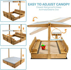 Kids Sandbox with Lid Wooden Sand Box Cover Outdoor UV-Protection Natural Wood Foldable Bench Seat