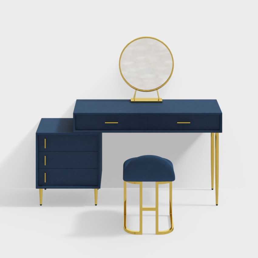 Modern Blue Makeup Vanity Set Retracted Dressing Table Cabinet&amp;Stool&amp;Mirror Included