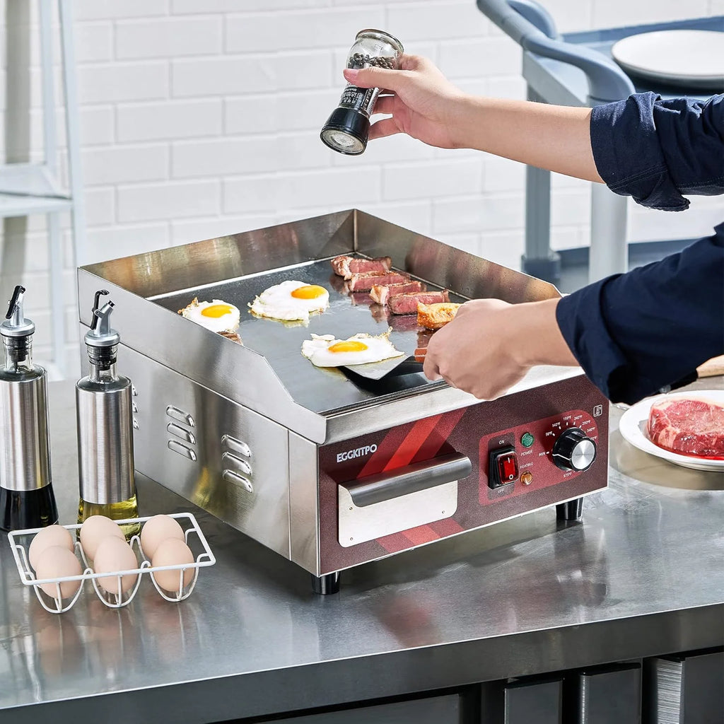 14 Inch Electric Griddle, Non-Stick Flat Top Grill Commercial Electric Countertop Griddles Stainless Steel Adjustable Temperature Control 90??F-575??F for Home or Restaurant Use