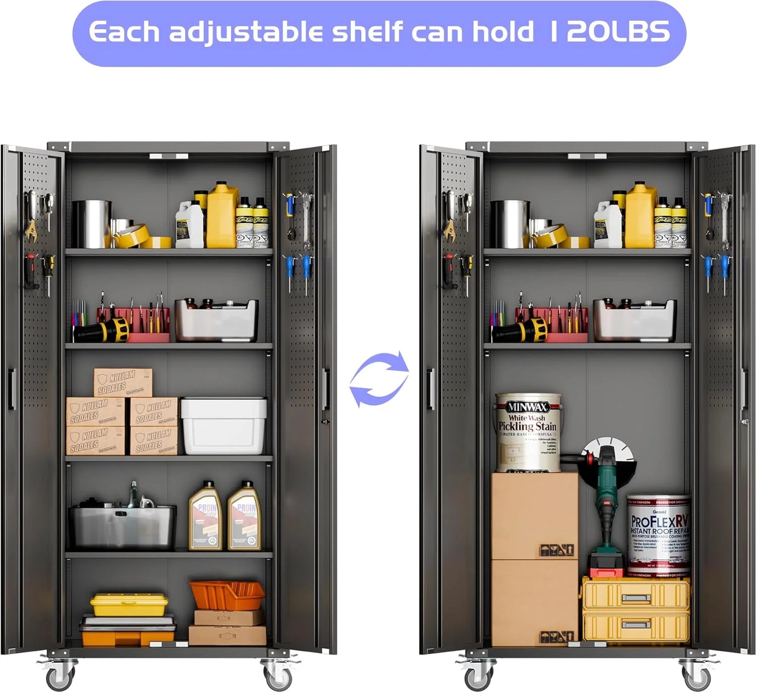 Aobabo 73''H Metal Garage Storage Cabinet with Wheels,Steel Cabinets with 2 Doors and 4 Adjustable Shelves for Home Office,Required Assembly,Black