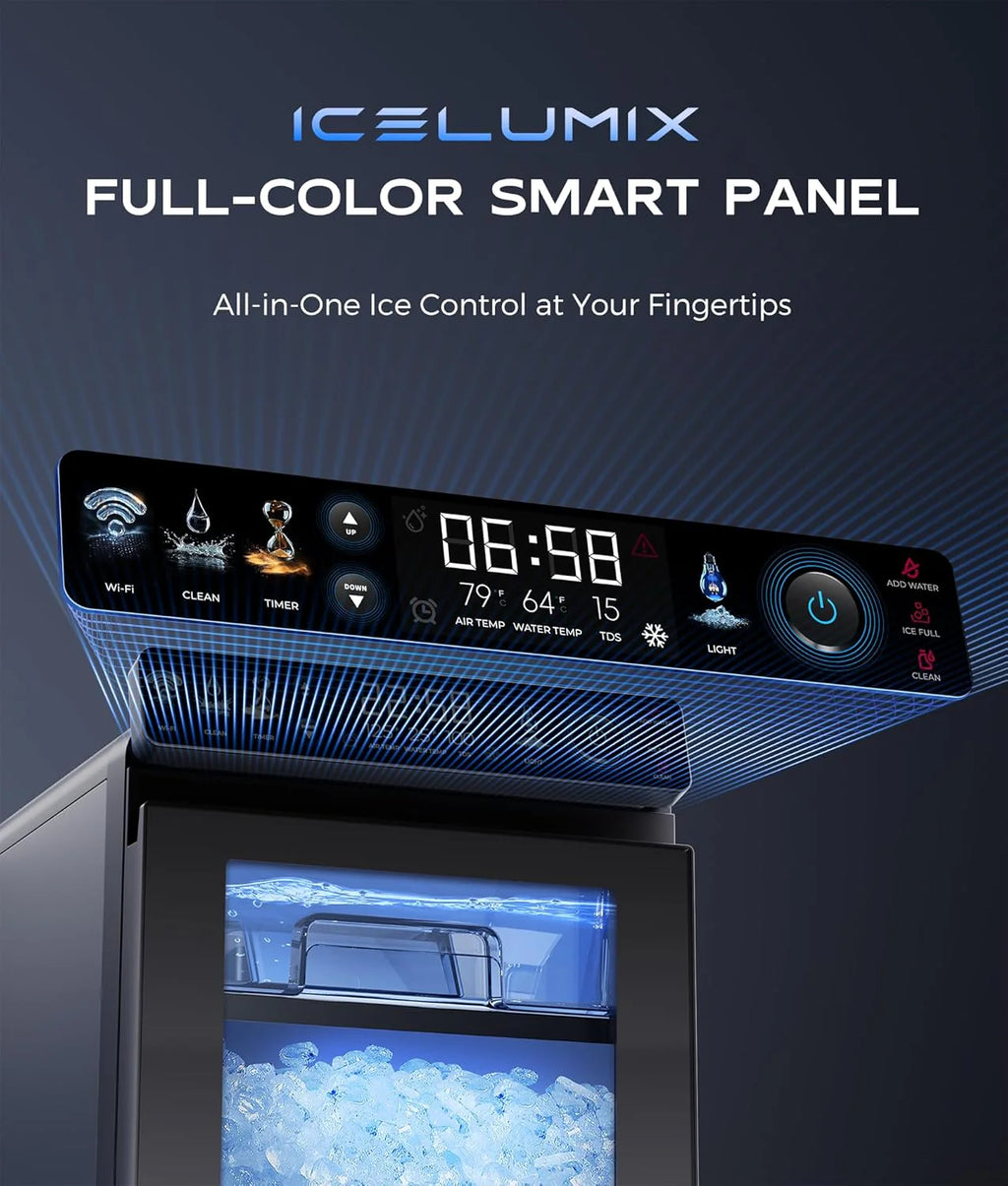 ecozy Nugget Ice Maker Countertop, Smart Pebble Ice Machine with APP Control, 44 lbs/24H Soft Pellet Chewable Ice with Self-Cleaning, Stainless Steel