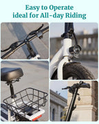 Gotrax adult electric scooter with seat, maximum range of 19-25 miles, all-terrain tires, wide pedals, padded seat, and carrycot