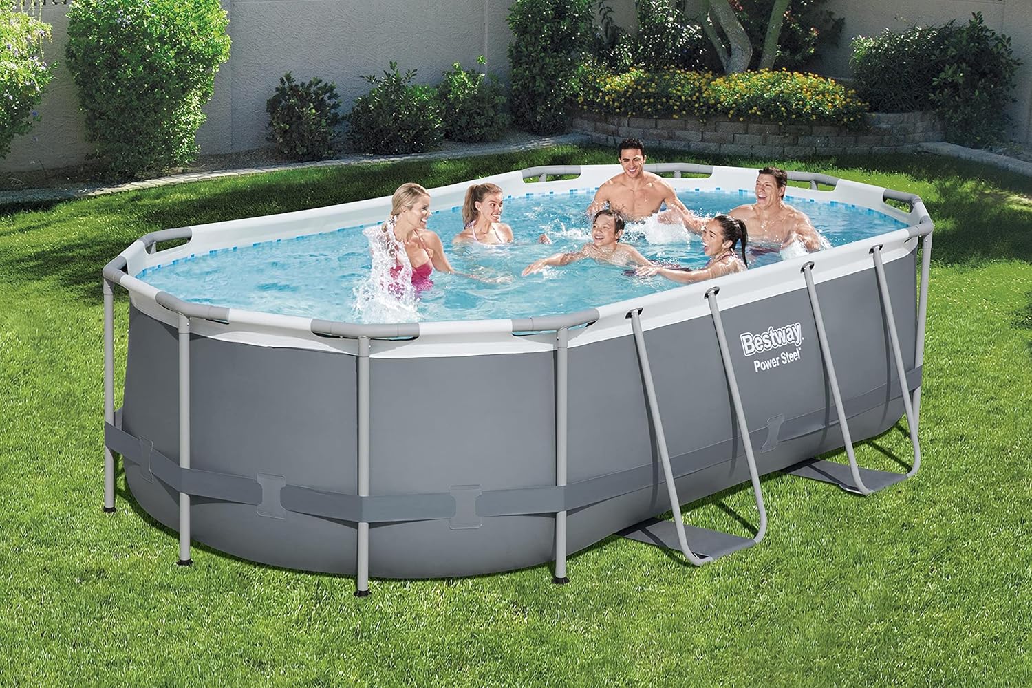 Power Steel 14' x 8'2" x 39.5" Oval Above Ground Pool Set | Includes 530gal Filter Pump, Ladder, ChemConnect Dispener