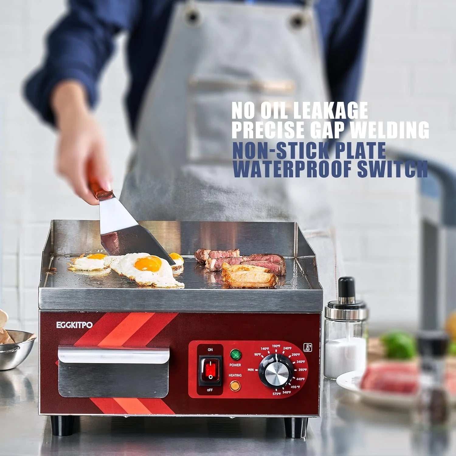 14 Inch Electric Griddle, Non-Stick Flat Top Grill Commercial Electric Countertop Griddles Stainless Steel Adjustable Temperature Control 90??F-575??F for Home or Restaurant Use